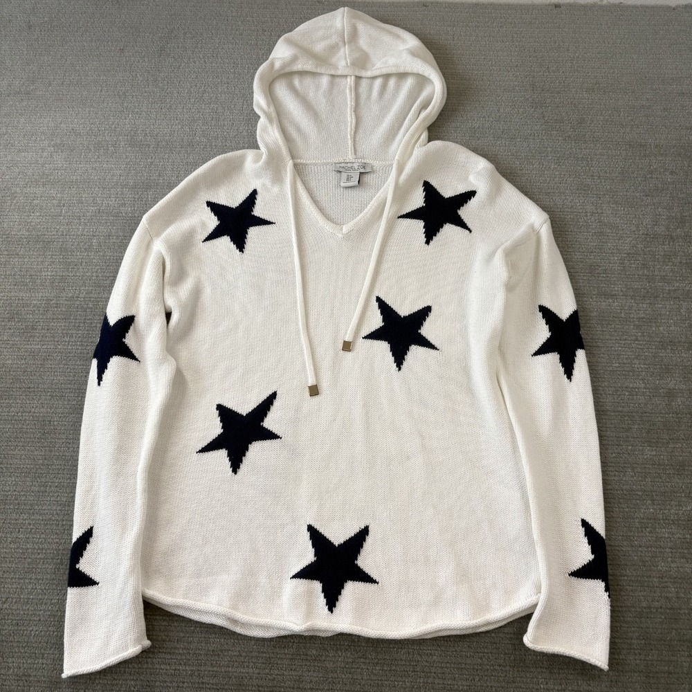 Rachel Zoe Sweater Hoodie Women S White/Blue Star Novelty Cotton Casual Knit